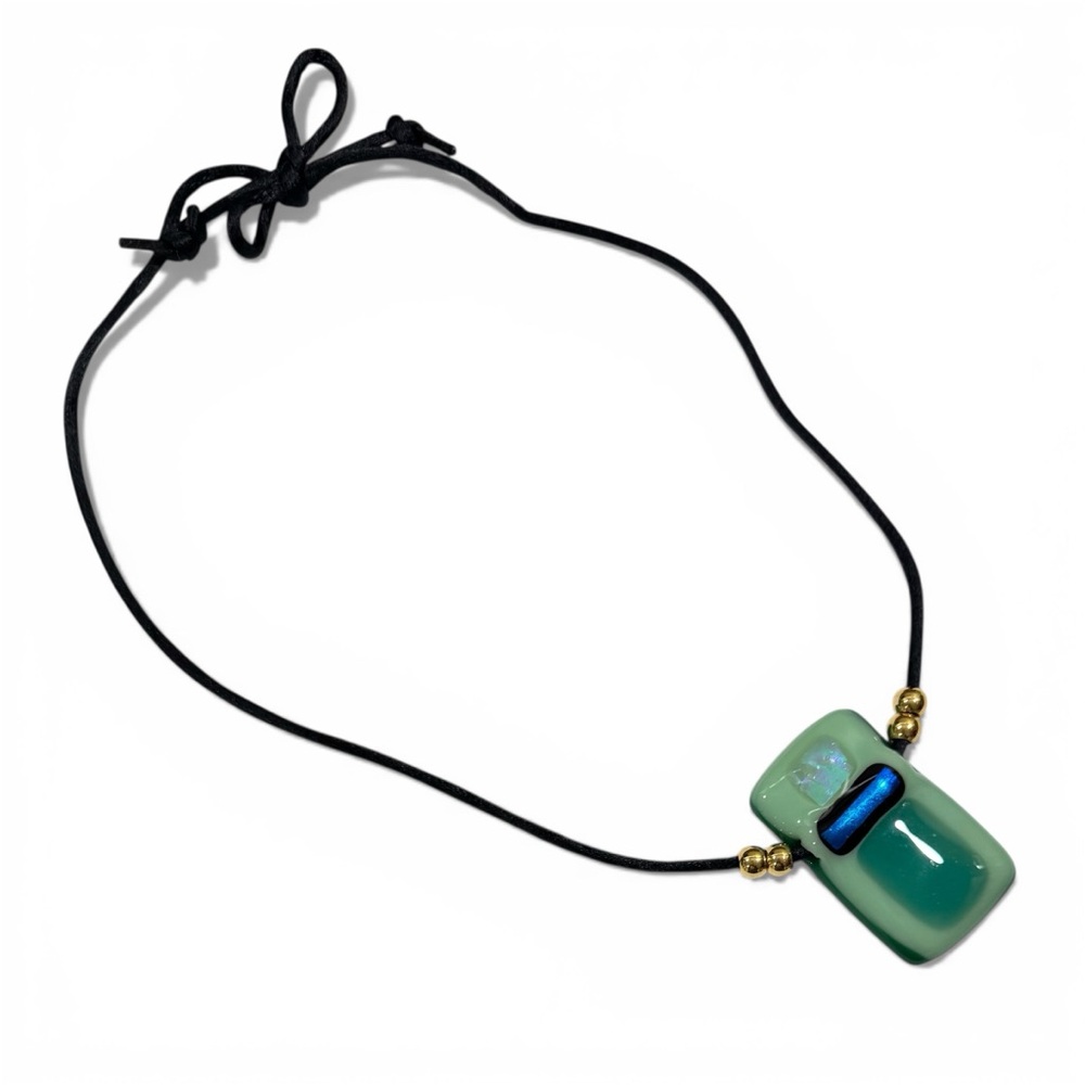 Art Glass Pendant Necklace on Black Silk Cord  - Mint and Jade Green with Blue